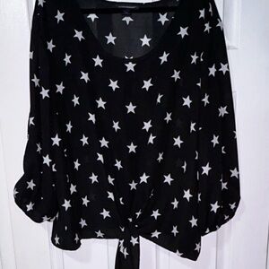 Ashley Stewart Plus 26/28 Star Print Tunic Blouse Black Sheer Balloon Sleeve